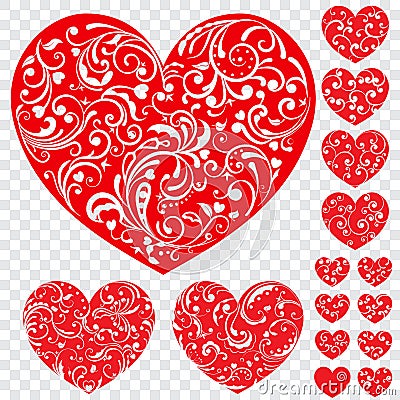 Set of red hearts with curls Stock Photo