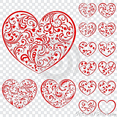 Set of red hearts made of curls Stock Photo