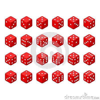 Set of red isometric dice. Vector Illustration