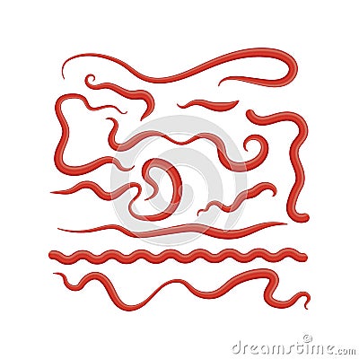 Set of Red Ketchup Splashes. Tomato Sauce for Barbecue. Food Condiment and Spice. 3d Illustration. Blobs and Drops. Vector Illustration