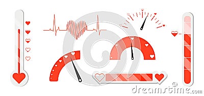 Set of red love meters in cartoon style. Vector illustration of love level for couples on valentine's day white background Vector Illustration