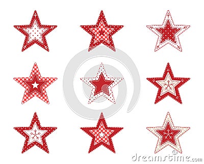 Set of red patchwork decorative stars, on white background, illustration Vector Illustration