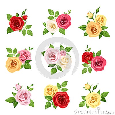 Set of red, pink, white, yellow and orange roses. Vector illustration. Vector Illustration