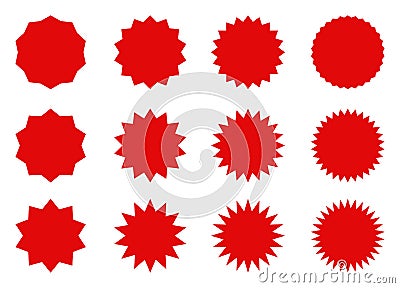 Set of red price sticker, sunburst badges icon. Stars shape with different number of rays. Red starburst speech bubble set, labels Vector Illustration