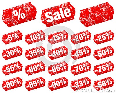 Set Of Red Price Tags Sale Minus Divided With Scratches Vector Illustration