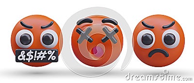 Set of red rage emoticons. Angry 3D vector faces. Obscene language, deadly furious, irritation Vector Illustration