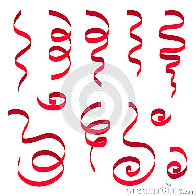 Set of red ribbon on white background. Carnival party serpentine decoration, paper ribbons for your design Vector Illustration