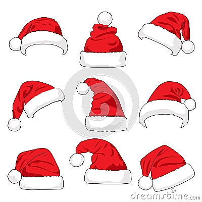 Set of red Santa Claus hats Vector Illustration