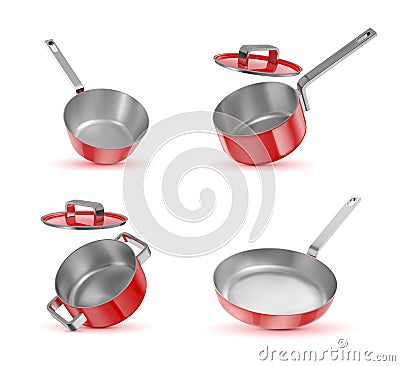 Set of red saucepans. Vector Illustration