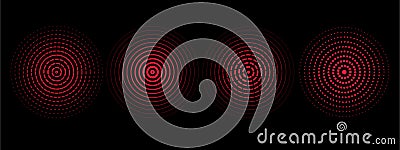 Set of red sound wave rings of discontinuous lines and dots. Rings with radial lines. Target icon, epicenter. Concentric Vector Illustration