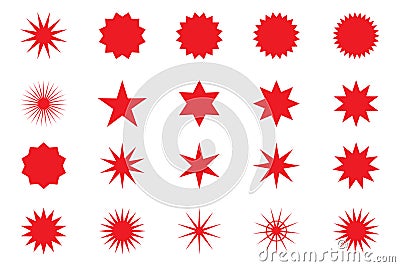 Set of red star or sun shaped sale stickers. Promotional sticky notes and labels. Vector Illustration
