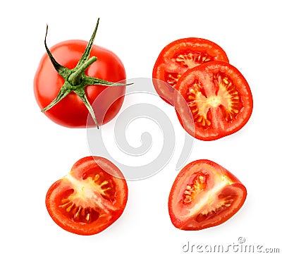 Set of red tomato, half and pieces on a white. The view of the top. Stock Photo