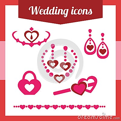 Set red wedding icons. jewelry, earrings, necklace Vector Illustration