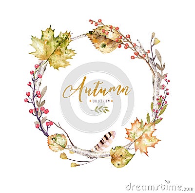 Set of red and yellow autumn watercolor leaves and berries, hand drawn design foliage elements decoration. Stock Photo