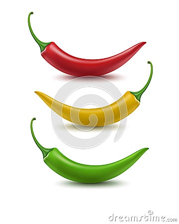 Set of Red Yellow Green Hot Chili Pepper Isolated on White Background Vector Illustration