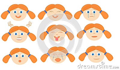 A set of redhead girl faces. Emotions of the child. Vector Illustration