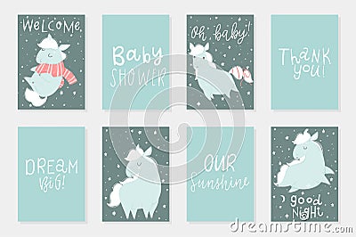 Set of 8 redy to use cards with cute Little horses hand drawn illustrations Vector Illustration
