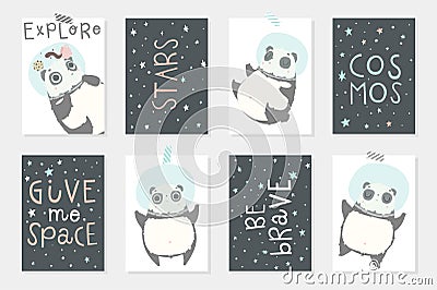 Set with 8 redy to use cards with cute pandas astronauts in helmets, planets, stars. Vector Illustration