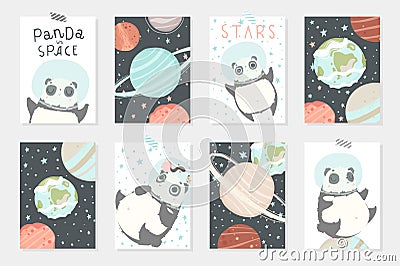 Set with 8 redy to use cards with cute pandas astronauts in helmets, planets, stars. Vector Illustration