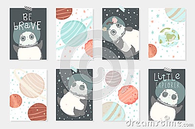 Set with 8 redy to use cards with cute pandas astronauts in helmets, planets, stars. Vector Illustration