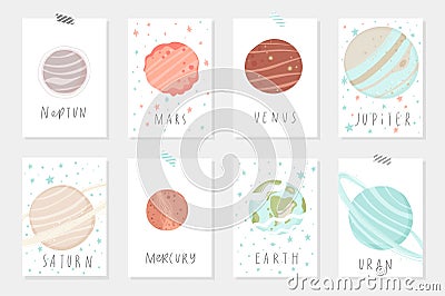 Set with 8 redy to use cards with planets, stars. Vector Illustration