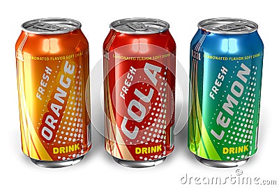 Set of refreshing soda drinks in metal cans Stock Photo