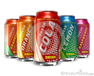 Set of refreshing soda drinks in metal cans Stock Photo