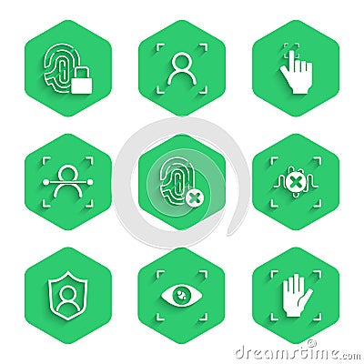 Set Rejection fingerprint, Eye scan, Palm recognition, voice, User protection, Face, Fingerprint and with lock icon Vector Illustration