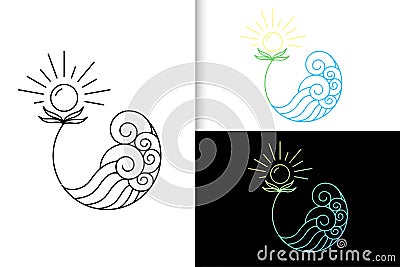 Set relaxation logo in the form of ocean waves and sunflowers line art Vector Illustration