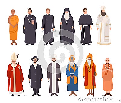 Set of religion people. Different characters collection buddhist monk, christian priests, patriarchs, rabbi judaist Vector Illustration