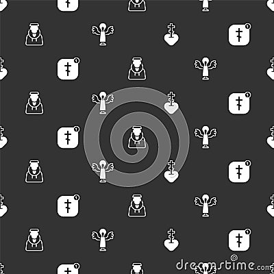 Set Religious cross in heart, Online church pastor preaching, Monk and Angel on seamless pattern. Vector Vector Illustration