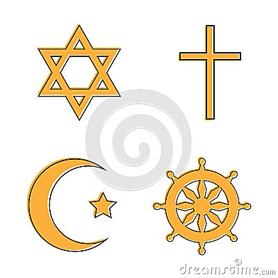Set of religious signs: cross, crescent, wheel of Dharma, star of David. Vector illustration. Vector Illustration
