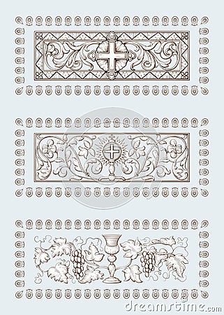 A set of Religious symbols of christianity, including cross and Holy Grail. Biblical illustrations in old engraving style Vector Illustration