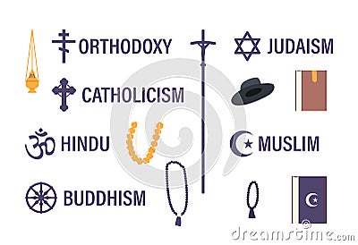 Set of Religious Symbols. Orthodoxy and Catholicism Cross, Om Hinduism, Wheel of Dharma Buddhism, Star of David Vector Illustration