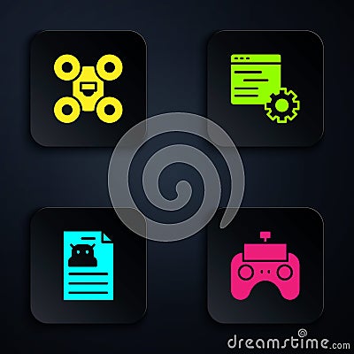 Set Remote control, Drone, Technical specification and Computer api interface. Black square button. Vector Vector Illustration