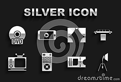 Set Remote control, Limousine car and carpet, Movie spotlight, Cinema ticket, Retro tv, Curtain, CD or DVD disk and Vector Illustration