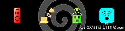 Set Remote control, Network cloud connection, Smart home with wi-fi and Wi-Fi wireless internet icon. Vector Stock Photo