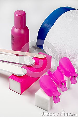 Manicure. A set for removing acrylic, glitters, hybrids, gel and nail polish Stock Photo