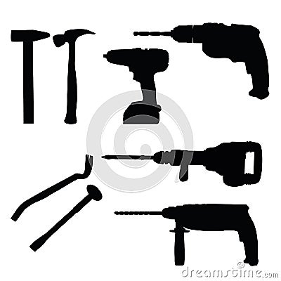 A set of repair tools. Drill, hammer drill, demolition hammer, nail puller, hammer, screwdriver, power tools, crowbar, chisel. Vector Illustration