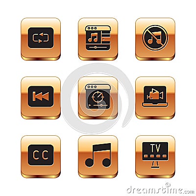 Set Repeat button, Subtitles, Music note, tone, Online play video, Rewind, Speaker mute, Smart Tv and player icon Vector Illustration