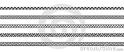 Set of repeating ropes. Seamless hemp cord line collection. Black outline chain, braid, plait stripe bundle. Horizontal Vector Illustration