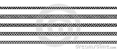 Set of repeating ropes. Seamless hemp cord line collection. Black outline chain, braid, plait stripe bundle. Horizontal Vector Illustration