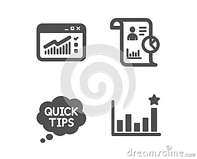 Report, Web traffic and Quick tips icons. Efficacy sign. Work statistics, Website window, Helpful tricks. Vector Vector Illustration