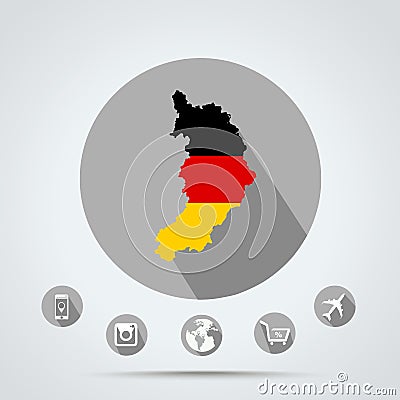 Set of Republic of Khakassia map in Germany flag colors Country, Camera, Mobile, Web, Globe icons Stock Photo