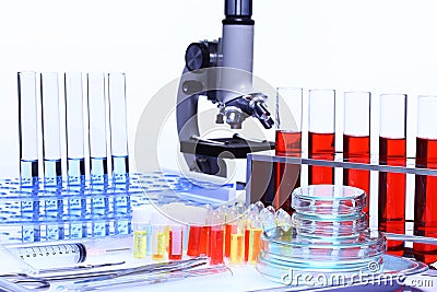 Set of Research and Development Kit, medial tools and scientist Stock Photo
