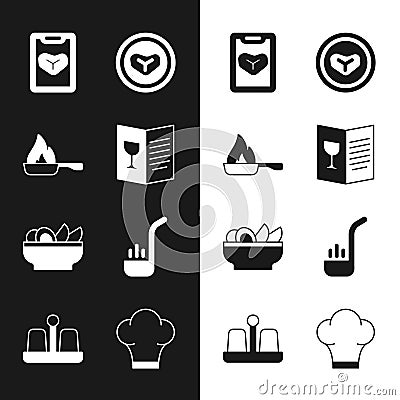 Set Restaurant cafe menu, Frying pan, Steak meat on plate, Nachos, Kitchen ladle, Chef hat and Salt and pepper icon Vector Illustration