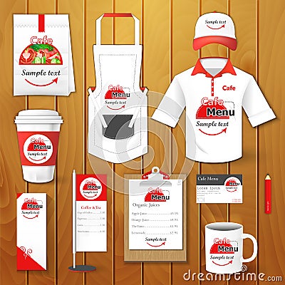 Set of restaurant corporate identity, uniform, flyer, shirt, cup, menu, package, apron, coffee cup illustration Vector Illustration