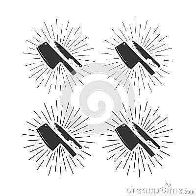 Set of restaurant knives icons with sunburst background Vector Illustration