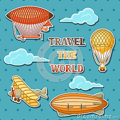 Set of retro air transport. Vintage aerostat airship, blimp and plain in cloudy sky Vector Illustration