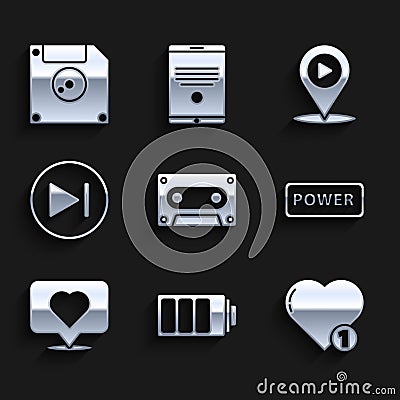 Set Retro audio cassette tape, Battery charge level indicator, Like and heart, Power button, Fast forward, Digital media Vector Illustration